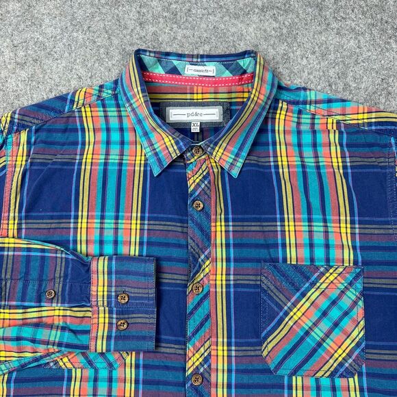 PD&C Shirt Mens XL Blue Colorful‎ Plaid Long Sleeve Classic Cotton Button Up - Picture 1 of 13